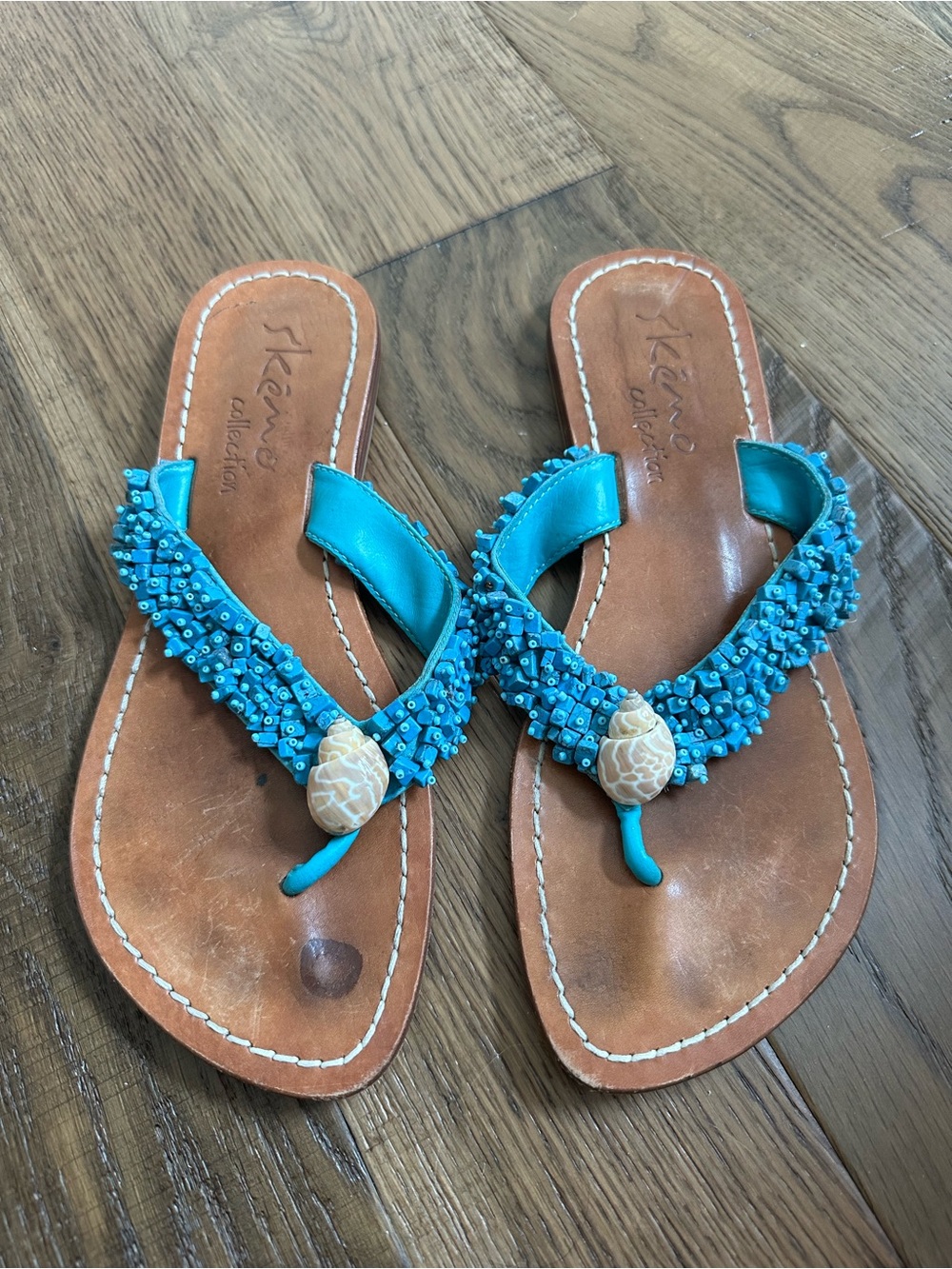 Skemo Beaded Shell Leather Thong Coastal Sandals Turquoise Boho Women’s Size 8